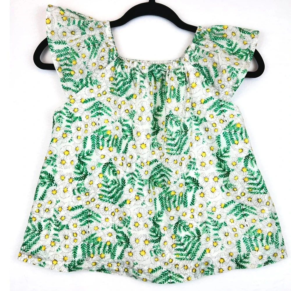 Gymboree Girls Green White Daisy Floral Flutter Sleeve‎ Top Blouse Size M 7-8